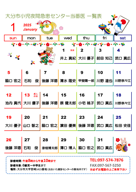 2025年1月の医師当番表です